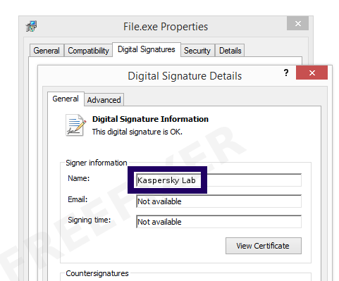 Screenshot of the Kaspersky Lab certificate